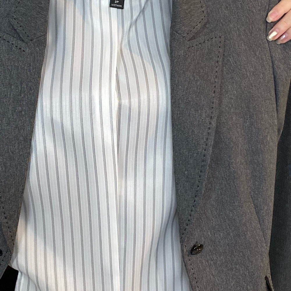 Tahari gray suit, black lace accents